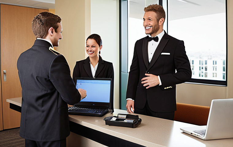 **Image Prompt:** A confident individual in business attire, subtly hinting at a past in the hotel industry (perhaps a subtle detail like a bellhop pin on their lapel), standing in a modern IT office, smiling and collaborating with colleagues around a table filled with laptops. Focus on conveying a successful career transition and teamwork.