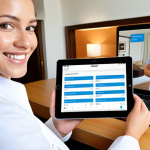 Optimized Shift Management**

Prompt: *Hotel staff smiling and relaxed.  Background shows a clean, modern interface of cloud-based shift management software on a tablet. Emphasize work-life balance and happy employees.*

**