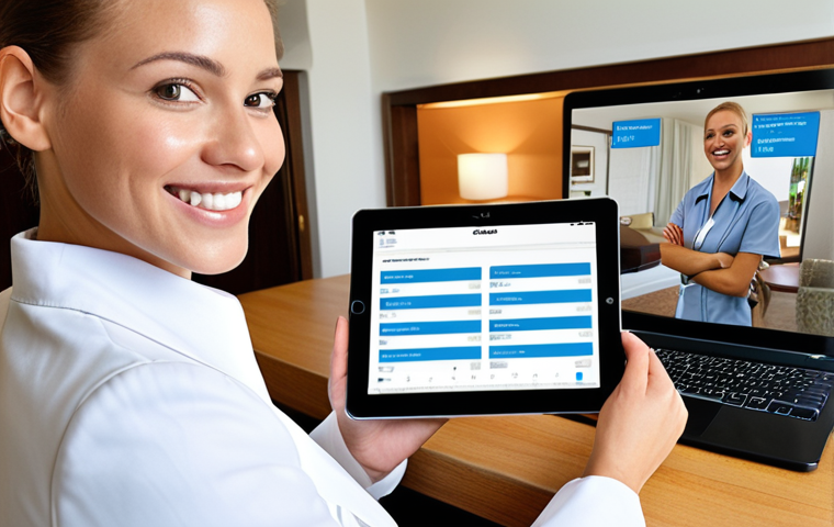 Optimized Shift Management**

Prompt: *Hotel staff smiling and relaxed.  Background shows a clean, modern interface of cloud-based shift management software on a tablet. Emphasize work-life balance and happy employees.*

**