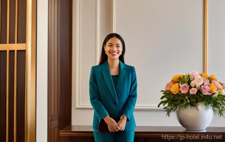 호텔 고객 서비스 평가 사례 - **Prompt:** A serene and elegant hotel lobby, bathed in soft, inviting light. A female guest, in her...