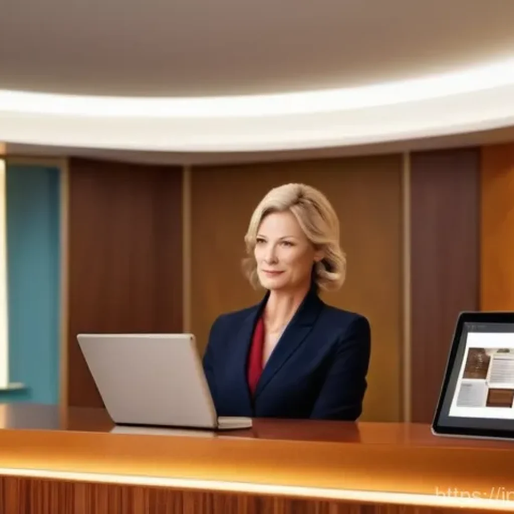 호텔관리사 시험에서 자주 틀리는 문제 - **Prompt:** A sleek, modern hotel lobby with soft, ambient lighting. At the front desk, a profession...