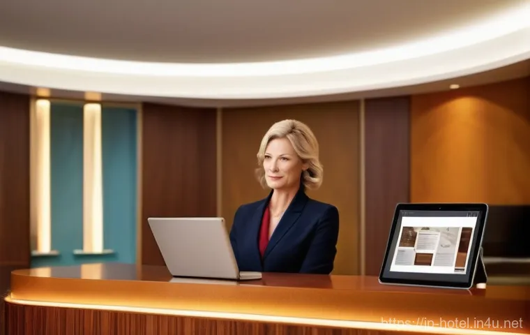 호텔관리사 시험에서 자주 틀리는 문제 - **Prompt:** A sleek, modern hotel lobby with soft, ambient lighting. At the front desk, a profession...