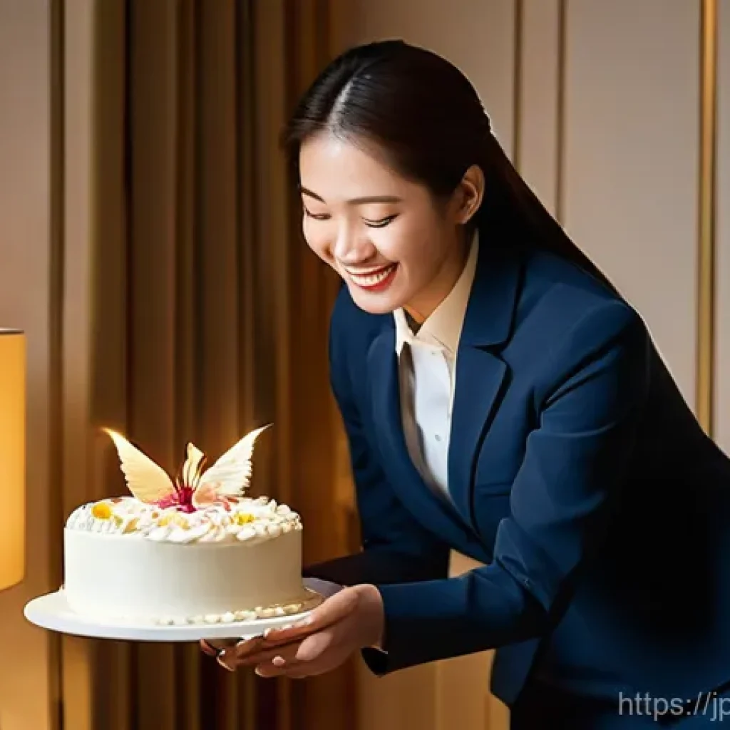 호텔관리사 자격증 주요 과목 - **Prompt:** A heartwarming scene inside a luxurious and impeccably clean hotel room. A cheerful fema...