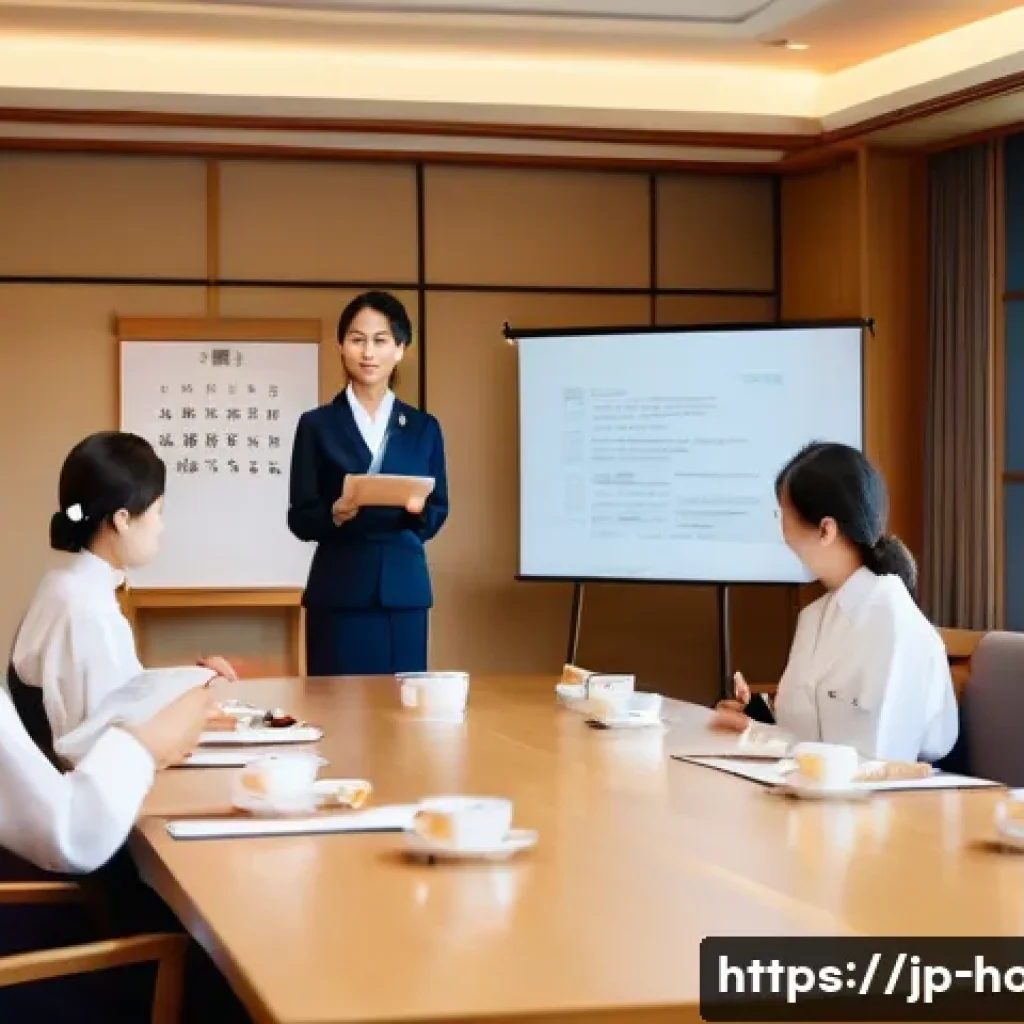 호텔관리사 자격증으로 창업 도전 - A modern Japanese hotel lobby scene during daytime, featuring a professional hotel manager wearing a...