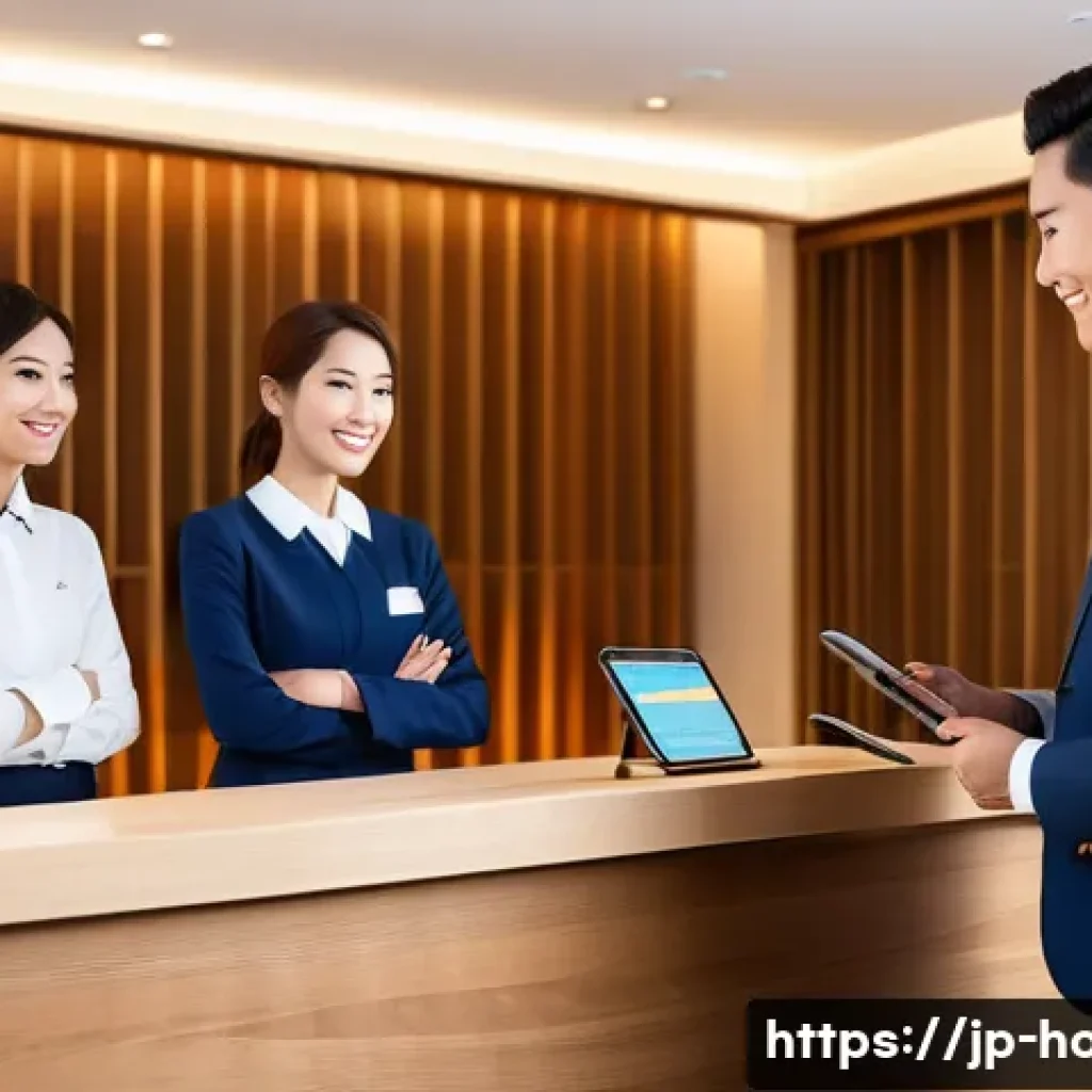 호텔 실무와 고객 서비스 개선 사례 - A modern hotel front desk scene in Japan, featuring a smiling receptionist assisting a diverse group...