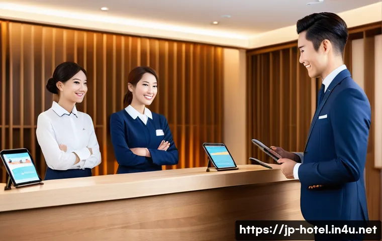호텔 실무와 고객 서비스 개선 사례 - A modern hotel front desk scene in Japan, featuring a smiling receptionist assisting a diverse group...