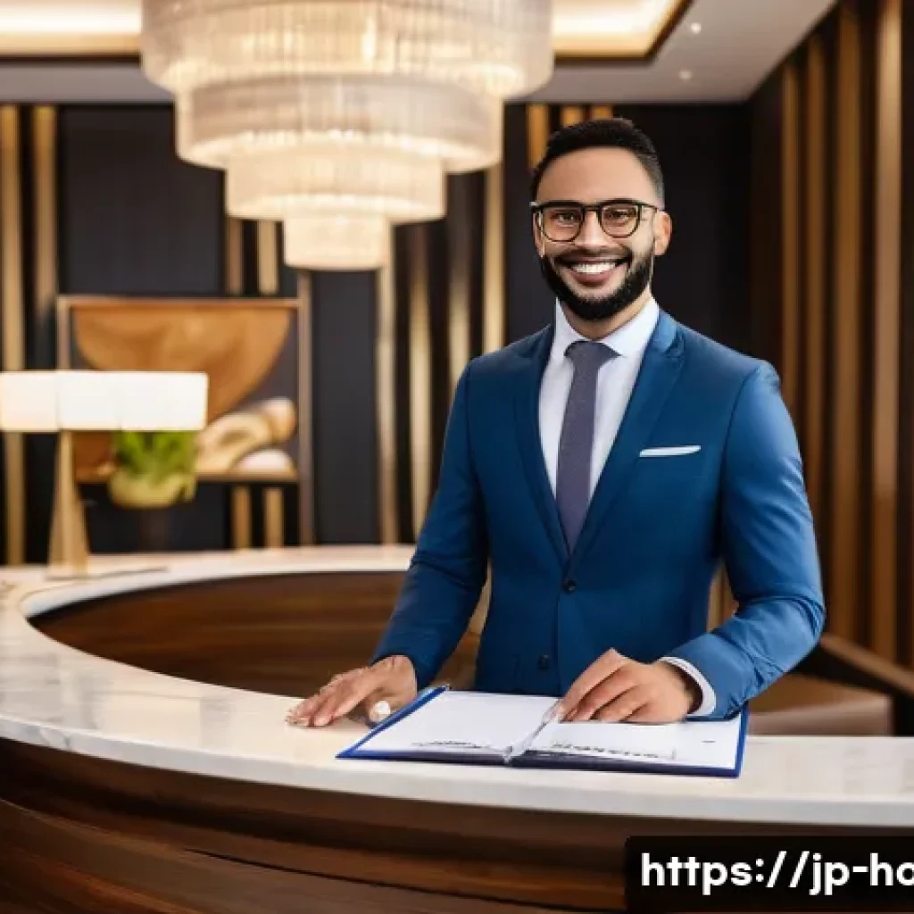 호텔관리사 자격증 취득 후 커리어 패스 - A professional hotel manager in modern business attire standing confidently at a luxury hotel recept...