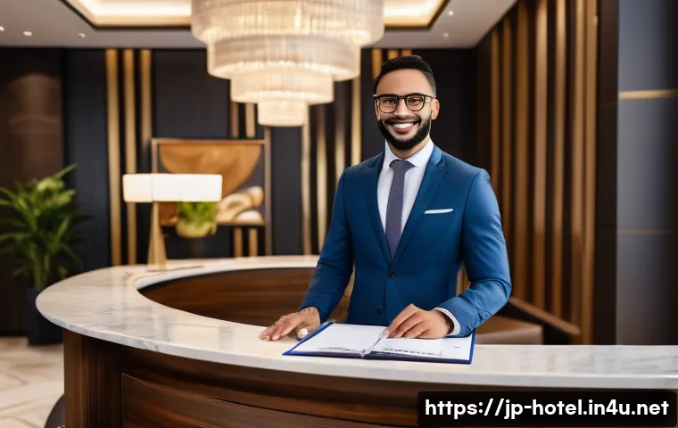 호텔관리사 자격증 취득 후 커리어 패스 - A professional hotel manager in modern business attire standing confidently at a luxury hotel recept...