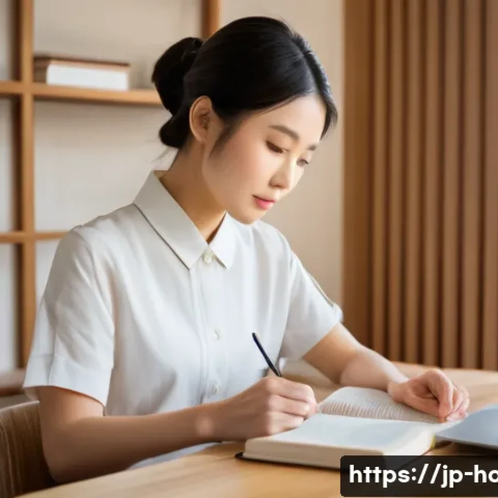 호텔 필기 시험 준비를 위한 추천 도서 - A modern Japanese hotel study scene featuring a young Japanese woman sitting at a desk with neatly o...
