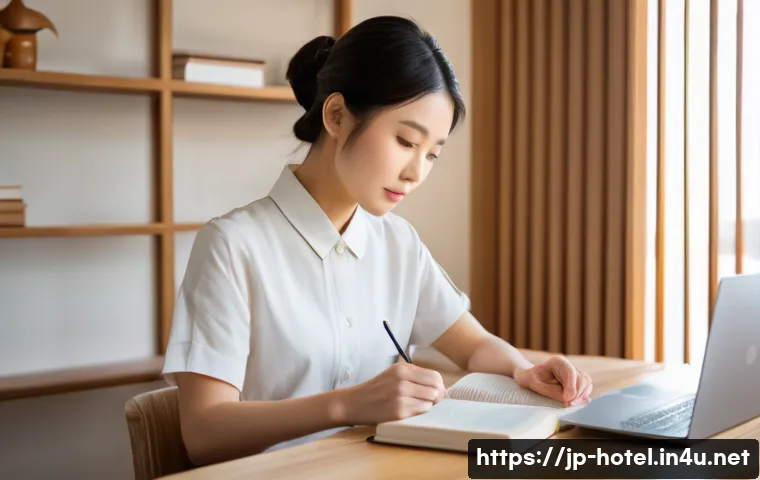 호텔 필기 시험 준비를 위한 추천 도서 - A modern Japanese hotel study scene featuring a young Japanese woman sitting at a desk with neatly o...