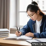 호텔관리사 필기 시험 고득점 비결 - A focused Japanese student studying efficiently at a tidy desk with textbooks, notes, and a digital ...