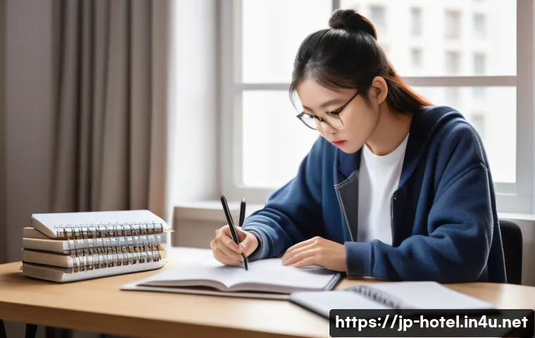 호텔관리사 필기 시험 고득점 비결 - A focused Japanese student studying efficiently at a tidy desk with textbooks, notes, and a digital ...