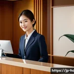 호텔 실무 경험을 활용한 자기계발 - A modern Japanese hotel front desk scene showing a young female receptionist in neat business attire...