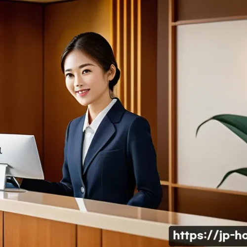 호텔 실무 경험을 활용한 자기계발 - A modern Japanese hotel front desk scene showing a young female receptionist in neat business attire...