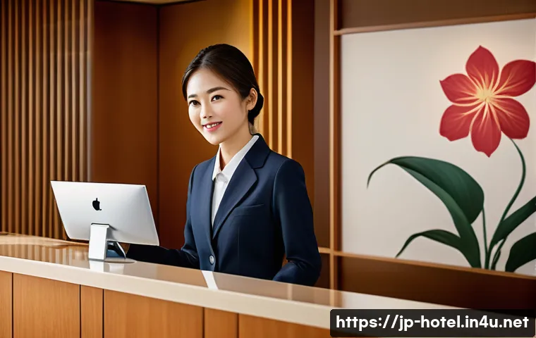 호텔 실무 경험을 활용한 자기계발 - A modern Japanese hotel front desk scene showing a young female receptionist in neat business attire...