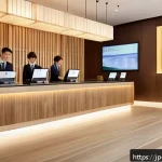 호텔 직무의 주요 성과 지표 - A modern Japanese hotel lobby bustling with diverse guests checking in and out, featuring sleek mini...