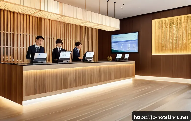 호텔 직무의 주요 성과 지표 - A modern Japanese hotel lobby bustling with diverse guests checking in and out, featuring sleek mini...