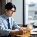 호텔관리사 자격증 공부법 - A focused Japanese office worker studying diligently at a clean, organized desk in a quiet room, wit...