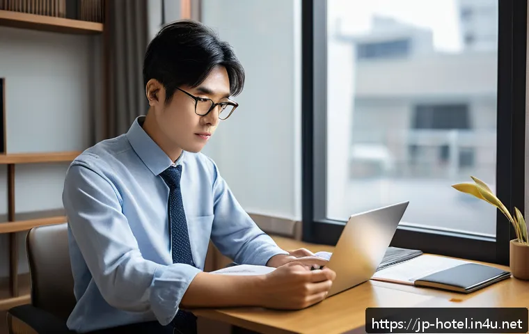 호텔관리사 자격증 공부법 - A focused Japanese office worker studying diligently at a clean, organized desk in a quiet room, wit...