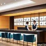 호텔 실무 사례 중심 교육의 중요성 - A modern Japanese hotel lobby scene featuring a diverse group of staff members engaged in on-the-job...