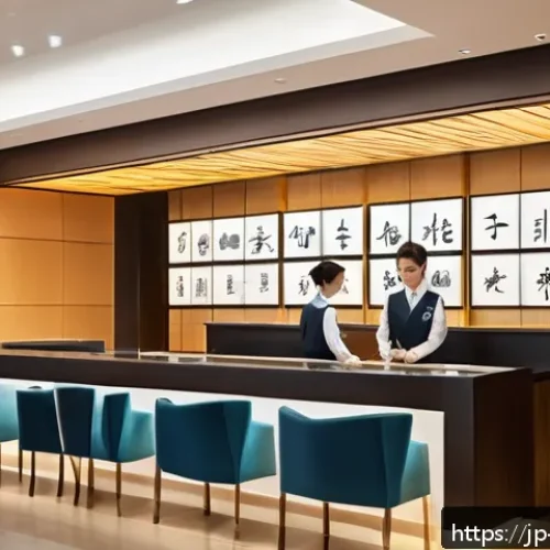 호텔 실무 사례 중심 교육의 중요성 - A modern Japanese hotel lobby scene featuring a diverse group of staff members engaged in on-the-job...