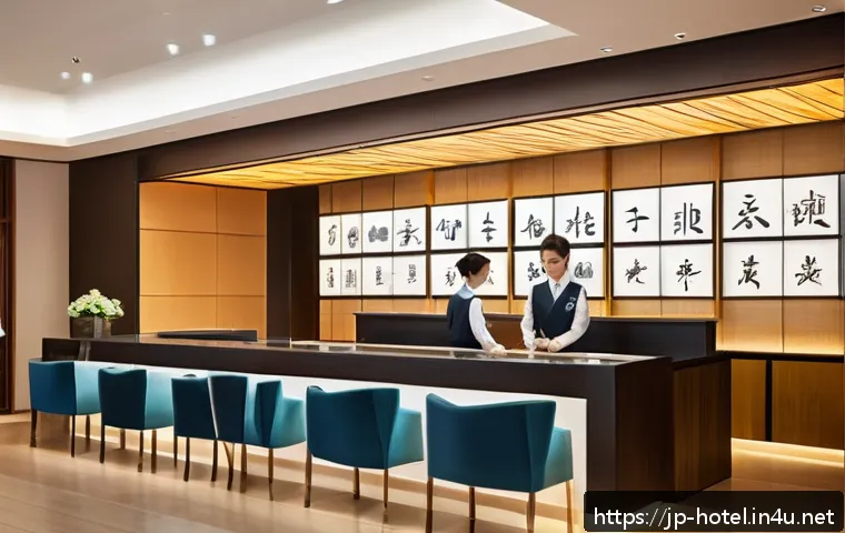 호텔 실무 사례 중심 교육의 중요성 - A modern Japanese hotel lobby scene featuring a diverse group of staff members engaged in on-the-job...